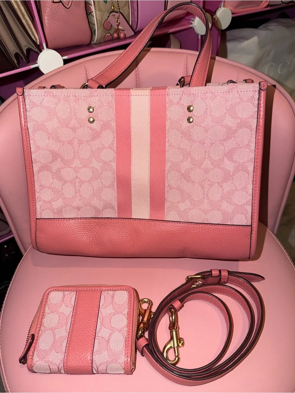 Coach Pink Signature Stripe Tote with Wallet and Strap